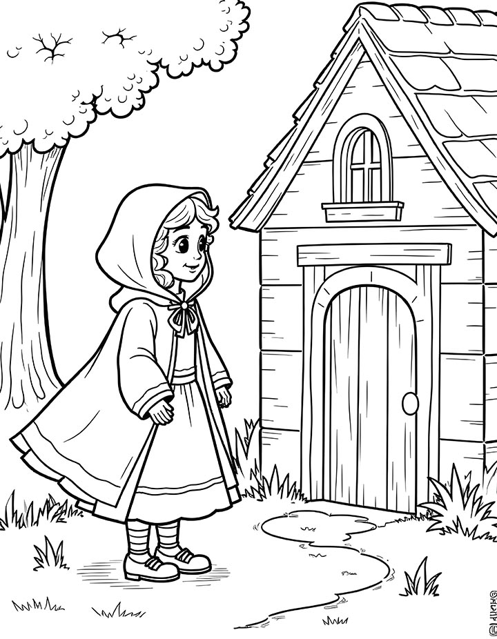 Little Red Riding Hood at the cottage coloring page